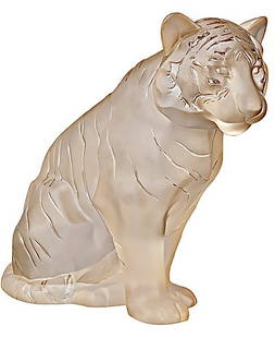 Extremely Rare LALIQUE Crystal Gold Luster Tiger Sculpture with Original Box: Like New Condition â€“ Never Been on Display - Approximately 5.25 Inches Wide by 4.4 Inches Tall