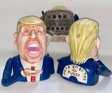 Explicit DONALD TRUMP Cast Iron Mechanical Coin Bank: Rare Variation / Works Perfectly / Must See all Photos