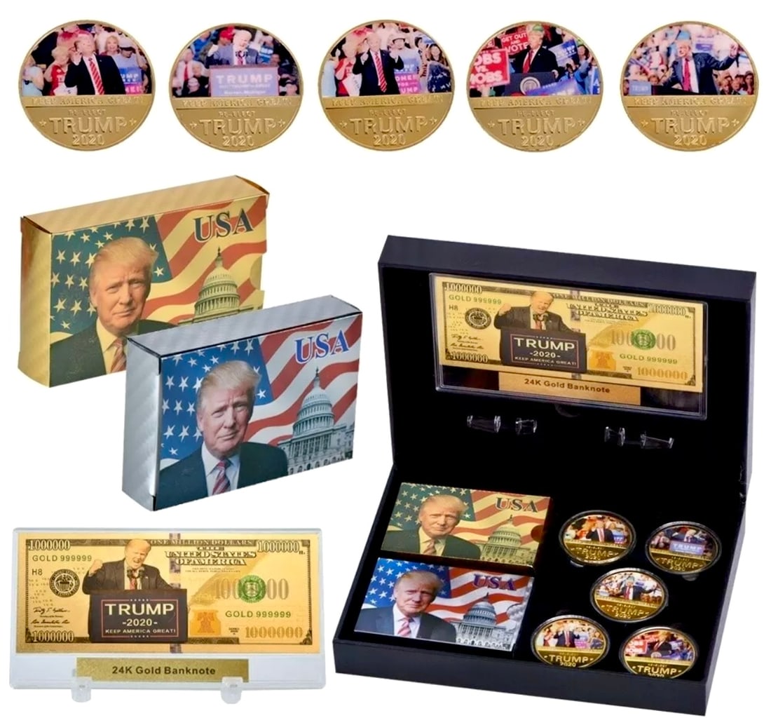 DONALD TRUMP Keep America Great 2020 Campaign Coin Set: Extremely Cool Set that Comes Complete in a Specially Designed Presentation Box â€“ Comes with 5 Gold Clad Portrait Coins, Gold Clad Novelty Banknote and 2 Deck of Unopened Gold and Silver Foil P