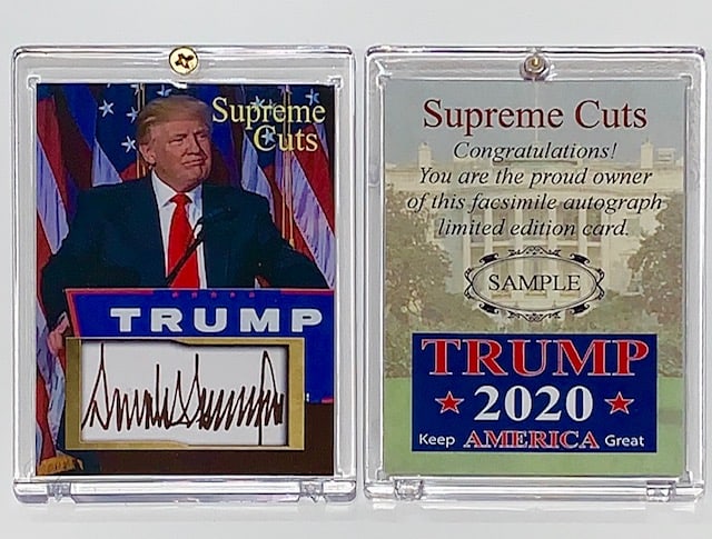DONALD TRUMP Signed 2020 Campaign Sample Promo Card: Card is in Mint Condition and is a must have for any Trump or Presidential Memorabilia Collector â€“ The Cut Signature on this Card is Facsimile Autograph / NOT HAND SIGNED