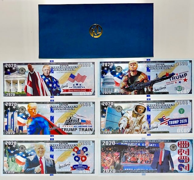 DONALD TRUMP 2020 Campaign Advertising Parody Bills: LOT OF 5 Donald Trump 2020 Campaign Rigid Plastic Banknote Style Parody Advertising Bills with Sleeve from the Manufacturer â€“ Must Have for any Donald Trump Fan / Multiple Photos Posted