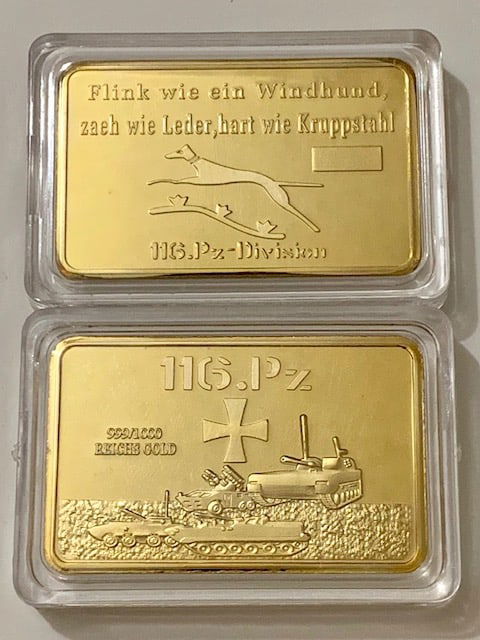 1oz German Panzer Division .999/1000 Gold Clad Bar: Encapsulated - Gold Clad is Not Made of Gold â€“ It is Gold Platedâ€“ Weight of Bar is Approximate