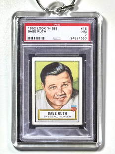 Limited Edition 1952 Look N See Babe Ruth MINI Baseball Card in a Keychain: This item is a Miniature Replica of a Genuine PSA 10 Babe Ruth 1952 Look N See Baseball Card. Very Cool and Unique Novelty Collector Piece - Multiple Photos Posted – This Babe Ruth 1952 Look N