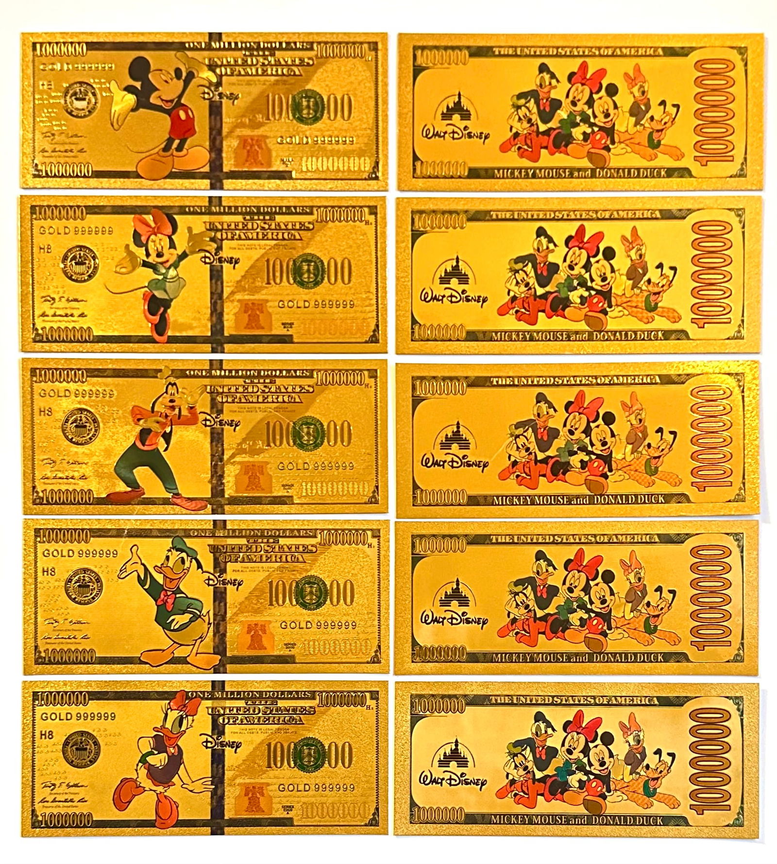 5 Rare DISNEY Mickey Mouse and Friends Gold Clad Bills: Awesome Lot of 5 Collectible DISNEY Mickey Mouse and Friends Gold Clad Banknote Style Bills. Multiple Photos Posted