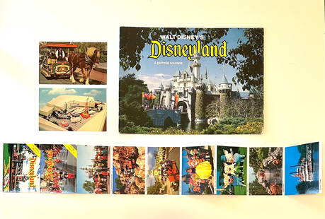 Rare Lot of 1965 and 1977 Walt Disneyland Ephemera: Includes a 1977 Pictorial Souvenir Pictorial Book, a 1977 Mini Chrome Photo Booklet and 2 Walt Disney 1965 Unused Postcards - Great Condition - Multiple Photos Posted