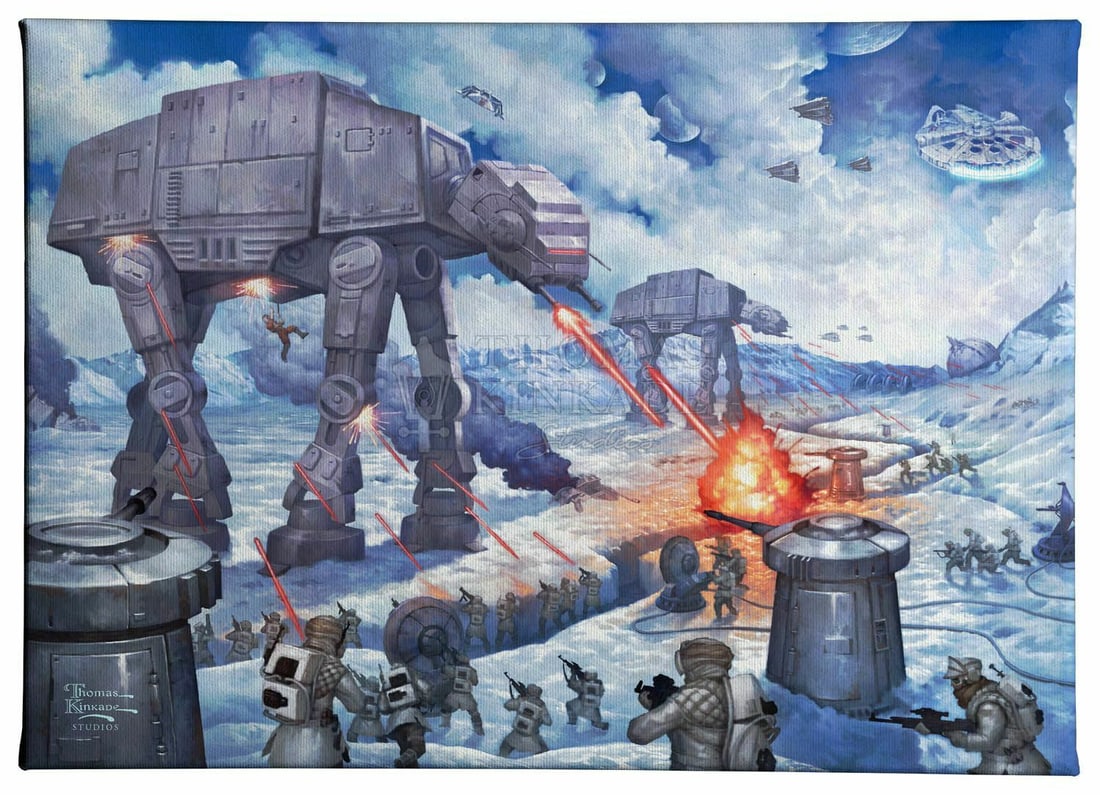 Genuine Thomas Kinkade STAR WARS Canvas Art w/COA: 14 x 10 / Star Wars AT-AT Ground Assault - Comes Gallery Wrapped on Wood Frame with COA on Back as Seen in Photos This has never been hung and is still in its original plastic wrap from the Studios of