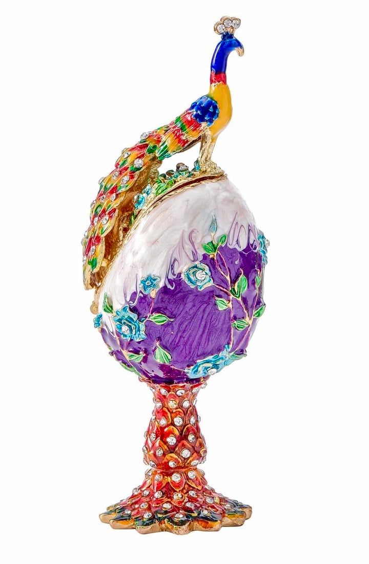 FABERGE Enameled & Jeweled Peacock Egg Trinket Box: This is an Absolutely Gorgeous Studded & Enameled Faberge Inspired Russian Enameled and Jeweled Egg Trinket-Jewelry Box - It is in Never Displayed Condition â€“ Multiple Photos Posted