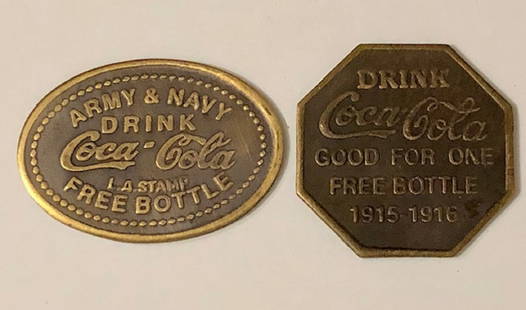 WW1 1915-1916 Army/Navy COCA-COLA Redemption Tokens: LOT OF 2 / These are Tokens that are Examples of what Coca-Cola gave out to U.S. Soldiers during World War 1 in an effort to Support the Troops / These are Not original period Tokens / They are Copies