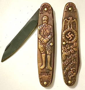 WW2 German Fuhrer Embossed Pocket Knife: Ornate Double Sided Imagery - We cannot Guarantee whether it is Period or Authentic therefore Selling AS-IS - We have provided Highly Detailed Photos so Please do your Own Research before Bidding