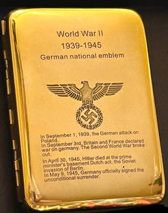 WW2 Germany Tribute Gold Tone Cigarette Case: This is a WW2 German Tribute Cigarette Case featuring the German National Emblem and details of World War 2. All WW2 German or Russian Advertised Items are SOLD AS-IS. We Cannot be Certain whether or