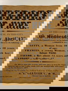 Dated Black Americana Negroes for Hire Notice Poster: Event Date 1861 / Parchment Like Aged Paper / 8 x11 / Not a Period Original Poster / We do not know who or when it was printed / This is sold as a Reproduction
