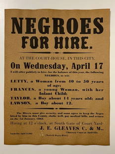 Dated Black Americana Negroes for Hire Notice Poster: Event Date 1861 / Parchment Like Aged Paper / 8 x11 / Not a Period Original Poster / We do not know who or when it was printed / This is sold as a Reproduction