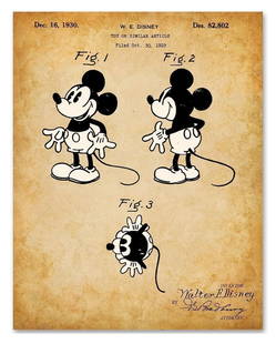 WALT DISNEY Mickey Mouse U.S. Patent Office Art Print: This is a Walt Disney Facs Signed Concept Art Print of Mickey Mouse from the United States Patent Office – This is a Copy of the Original Art Print Submitted to get a Patent – It is a Hi