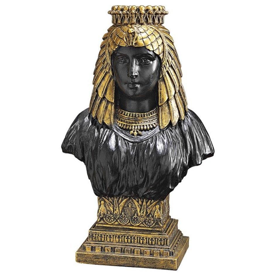 Beautiful Egyptian Queen Nefatari Bust Sculpture: This Egyptian Queen Nefatari Bust was sculpted with a dynasty-inspired feathered headpiece on an ornamental base and then cast in quality designer resin and meticulously hand-painted in faux ebony and