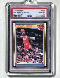 Limited Edition 1988 Fleer Michael Jordan MINI Basketball Card in a Keychain: This item is a Miniature Replica of a Genuine PSA 10 Michael Jordan 1988 Fleer Basketball Card. Very Cool and Unique Novelty Collector Piece - Multiple Photos Posted – This Michael Jordan 1988