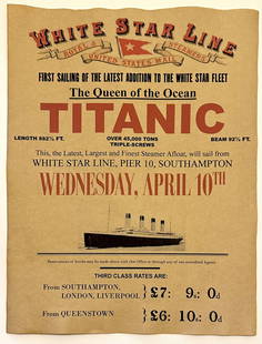 TITANIC First Sailing Maiden Voyage Notice Poster: Parchment Like aged Paper / Great Piece of History / Not Period Original / Sold as a Collectible Re-Production