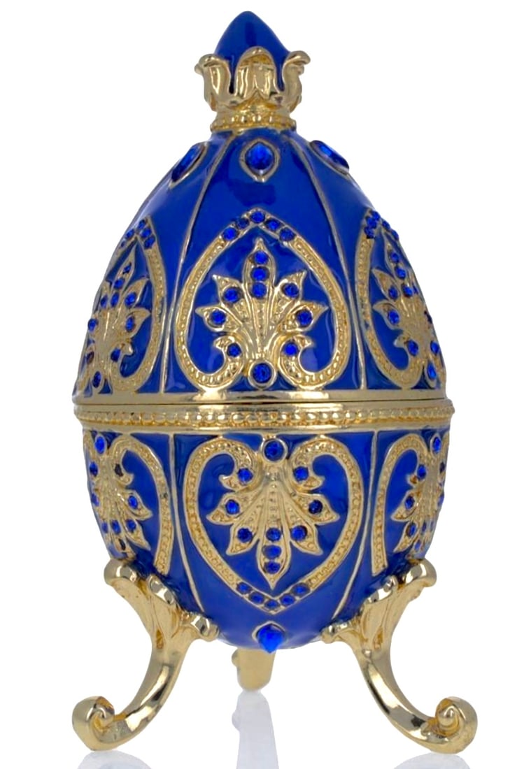 FABERGE Inspired Blue Enameled and Jeweled Egg: This is an Elegant Russian Made unmarked Faberge Egg Trinket-Jewelry Box - It is in Never Displayed Condition â€“Multiple Photos Posted