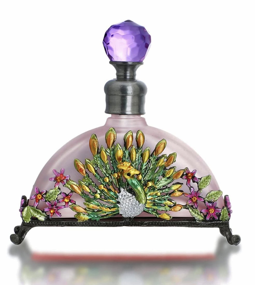 Breathtaking Jeweled & Enameled Art Glass Perfume Bottle: Peacock Front Motif - Beautiful Design & Colors