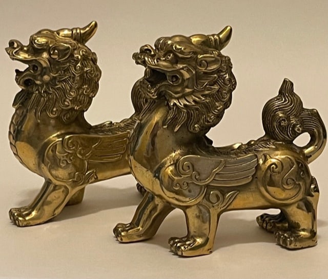 Old Gilt Bronze/Brass Temple Guardian Winged Foo Dog Lions (1 of 4)