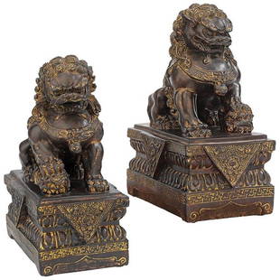 Large Bronze tone Chinese Guardian Lion Foo Dog Statues: This is an Awesome Pair of Male and Female Chinese Guardian Lion Foo Dogs that are Cast in quality designer resin and highlighted with a warm bronze finish. They are extremely detailed and have never