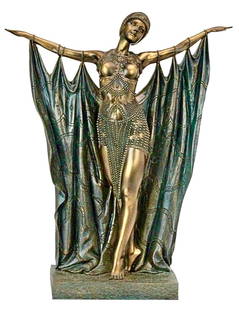 CHIPARUS Queen Semiramis Exotic Dancer Art Deco Statue: This is a Beautiful Statue originally designed by Demetre Chiparus. This is not a Signed Piece. It is a recast of the original. It is cast in quality designer resin and hand-painted in a green bronze