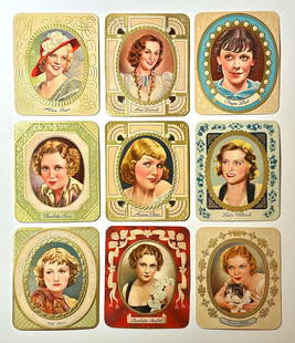 Lot of 9 Rare 1934 Cinema Stars Cigarette Tobacco Cards: Lot of 9 Original 1934 Tobacco or Cigarette Embossed Cards Featuring Cinematic Stars from that period. These are very hard to find and are in great condition.