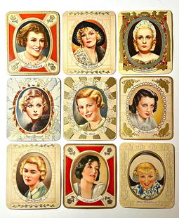 Lot of 9 Rare 1934 Cinema Stars Cigarette Tobacco Cards: Lot of 9 Original 1934 Tobacco or Cigarette Embossed Cards Featuring Cinematic Stars from that period. These are very hard to find and are in great condition.