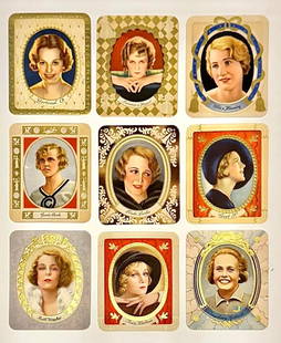 Lot of 9 Rare 1934 Cinema Stars Cigarette Tobacco Cards: Lot of 9 Original 1934 Tobacco or Cigarette Embossed Cards Featuring Cinematic Stars from that period. These are very hard to find and are in great condition.