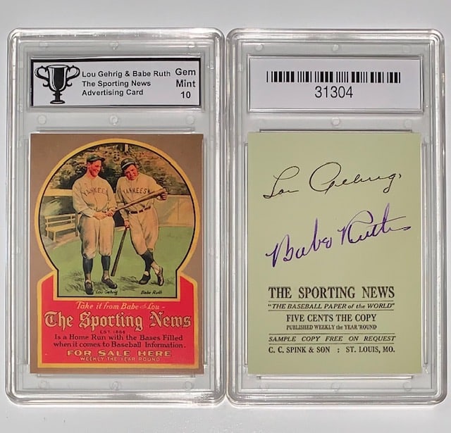Gem 10 BABE RUTH/LOU GEHRIG Advertising Baseball Card: Gem Mint 10. PLEASE READ CAREFULLY. ALL Advertising Cards are Reproduction Promotional Cards and NOT Original Period Cards. We do NOT know when these were Issued or who issued them. We can only descri