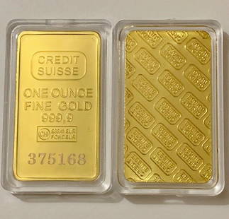 1oz Credit Suisse Gold Clad Plated Bullion Bar: Encapsulated - NOT GOLD - Gold Clad/Plated - Sold as a Collectible Novelty - Does Not Have any Precious Metal Value - This Listing has a Stock Photo and the Serial Number on the Bar will Not be the sa