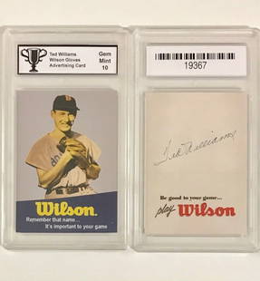 TED WILLIAMS Wilson Gloves Advertising Baseball Card: WILSON GLOVES. Gem Mint 10. PLEASE READ CAREFULLY. ALL Advertising Cards are Reproduction Promotional Cards and NOT Original Period Cards. We do NOT know when these were Issued or who issued them. We