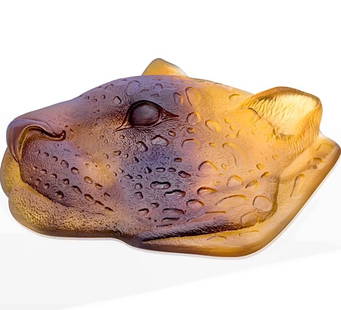 EX Rare Numbered Edition DAUM France Pate De Verre Amber Crystal Leopard: This is a Very Hard to Find Numbered Edition #88 - DAUM France Pate De Verre Amber Crystal Leopard Desk Tray or Decorative Wall Piece. It is in Mint Condition with its Original Box and has never been