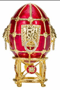 FABERGE Inspired Golden Lion Motif Enameled and Studded Egg: Stunning made in Russia Jeweled and Enameled Unsigned FABERGE Inspired Egg that Features Lions on both sides in the style of a Victorian door knocker. Very Cool Looking Piece. has Never been on Displa