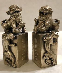 Solid Tibetan Silver KYLIN Temple Guardian FOO DOGS: Chinese Hallmarked Solid Tibetan Silver Foo Dog Seals – LOT OF 2