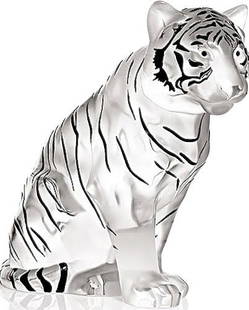 16K Large Limited Edition LALIQUE Enameled Crystal Sitting Bengal Tiger: This 15 Pound Lalique Sitting Tiger was Enamel Fired and Released in Very Limited Quantities. It has never been out of its original mint box w/COA and Paperwork. We were told they sold at Nordstrom an