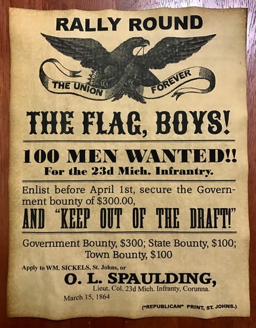 Dated 1864 Civil War 23 rd  Infantry 100 Men Wanted Recruiting Poster (1 of 1)