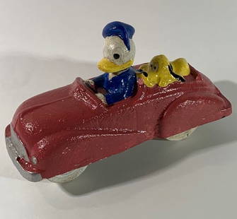 Vintage Disney Donald Duck and Goofy Cast Iron Toy Car: Great Piece / Multiple Photos Posted