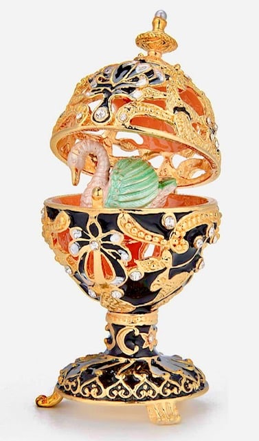 FABERGE Russian Enameled & Studded Egg w/Swan: This is an Awesome Looking Studded & Enameled Russian Faberge Inspired Egg w/Magnetic Swan Inside / It is in Never Displayed Condition / Multiple Photos Posted