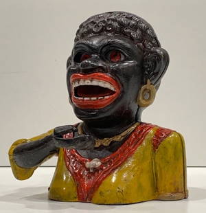 Black Americana Cast Iron DINAH Mechanical Coin Bank: We do Not know how Old this Bank is nor do we Support any of the Ideals this Piece Represents. Exact Age Unknown / Multiple Photos Posted