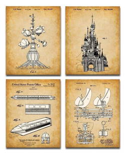 4 Walt Disney World Ride Designs U.S. Patent Art Prints: Very Cool Lot Depicting the Monorail, Haunted Mansion Vehicles, Cinderella’s Castle and Tomorrow Land Jets – Each Measures 8 x 10 – They have Never Been Hung – These are High Quality Glossy Ph