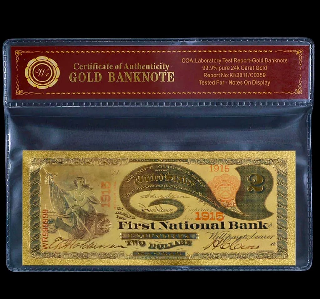1875 Emporia Lab Tested 24k Gold Clad $2 Banknote: First National Bank Emporia Kansas / Lab Tested for Bank Notes on Display / Not Actual Currency or Period Original / These are Re-Created to Simulate the Originals and are Being Sold as a Collectible 