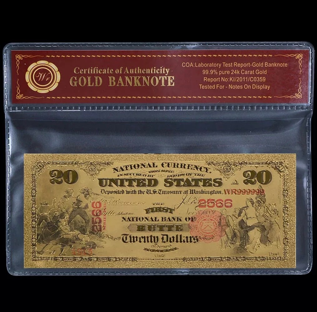 1875 Lab Tested 24k Gold $20 Banknote Certificate (1 of 2)