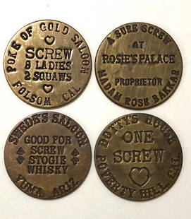 Lot of 4 Old West Saloon Whorehouse Brothel Tokens: All Different / Cool Pieces of Old West History / Age Unknown / Sold as Novelties