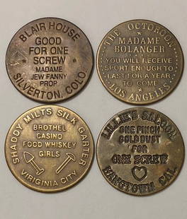 Lot of 4 Old West Saloon Whorehouse Brothel Tokens: All Different / Cool Pieces of Old West History / Age Unknown / Sold as Novelties