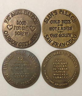 Lot of 4 Old West Saloon Whorehouse Brothel Tokens: All Different / Cool Pieces of Old West History / Age Unknown / Sold as Novelties