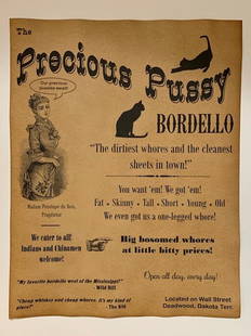 Old West PRECIOUS PUSSY Whorehouse Brothel Poster: Very Cool Poster/ Parchment Like Aged Paper / Print Date Unknown / Sold as a Novelty