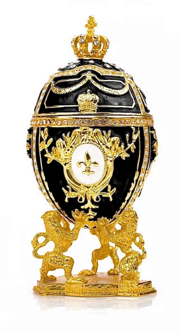 FABERGE Enameled Egg Trinket Box w/Lions Display Stand (1 of 2)