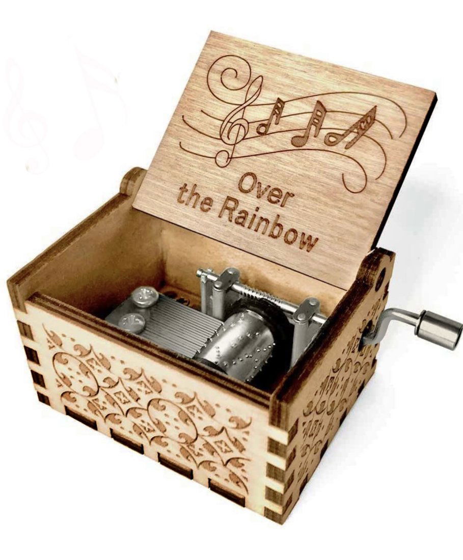 WIZARD of OZ Working Hand Engraved Wood Crank Music Box: Like New – Multiple Photos Posted – Note that this is an Old Fashion Crank Music Box / This is Not a Wind up Music Box