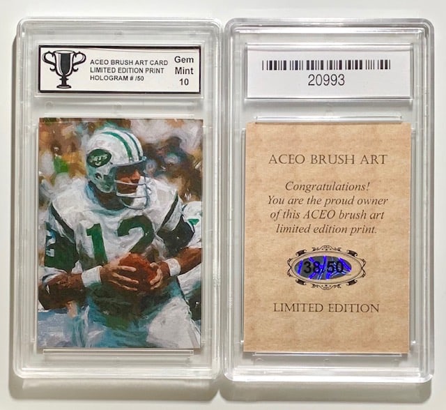 Scarce 1 of only 50 Produced JOE NAMATH Brush Art Football Card: Gem 10 - ONLY 50 Produced - This Card is a Numbered and Limited Edition Brush Art Print Football Card with Foil Seal.