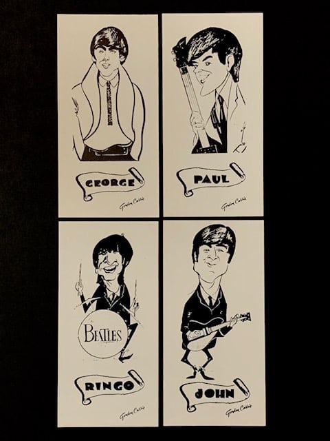 The BEATLES 1964 Sketch Cards Set by Gordon Currie: SET OF 4 - Beautiful Condition - Signed 1964 Rotary Press